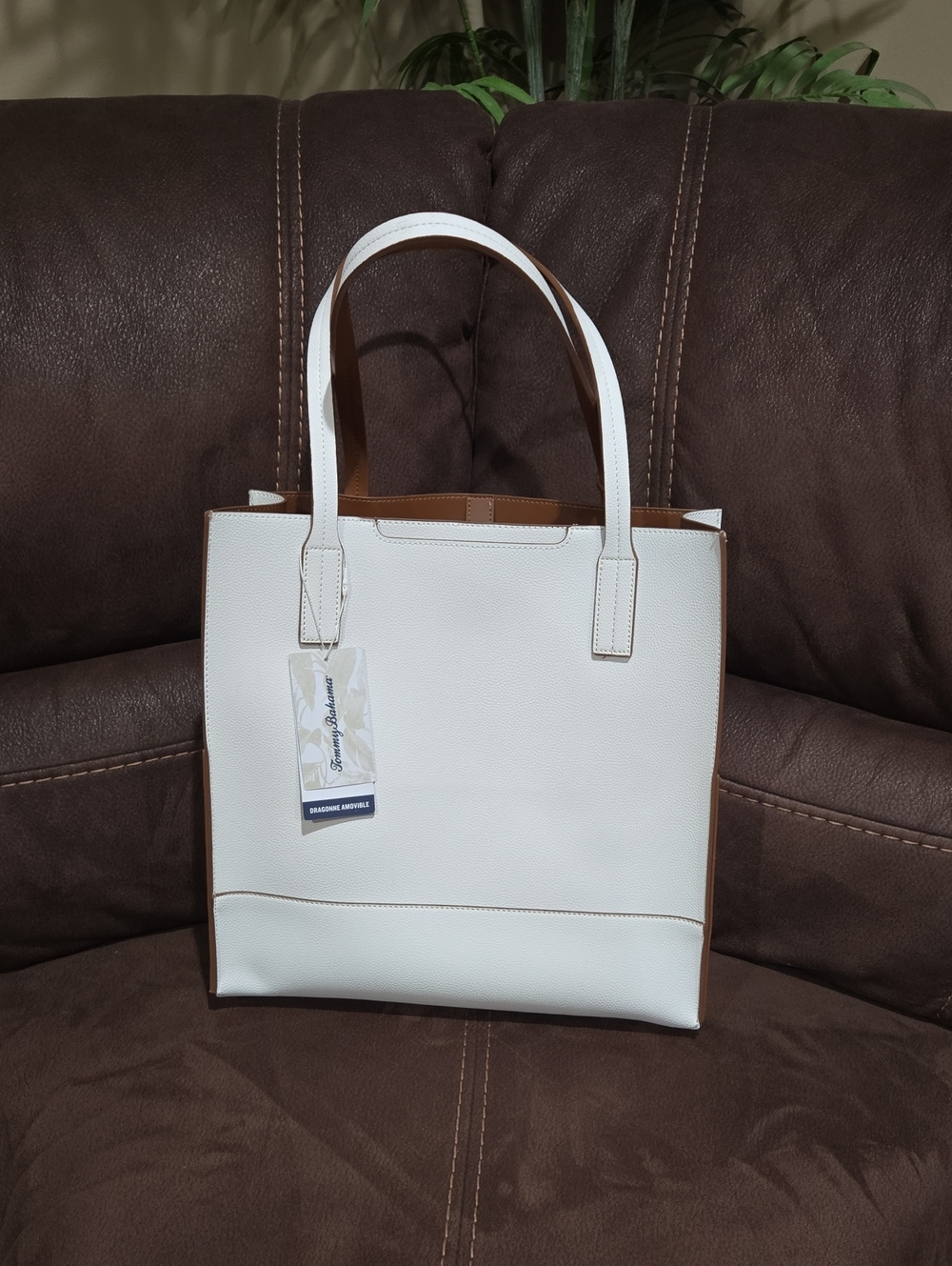 Tommy Bahama White Tote with Tan Interior And Trim